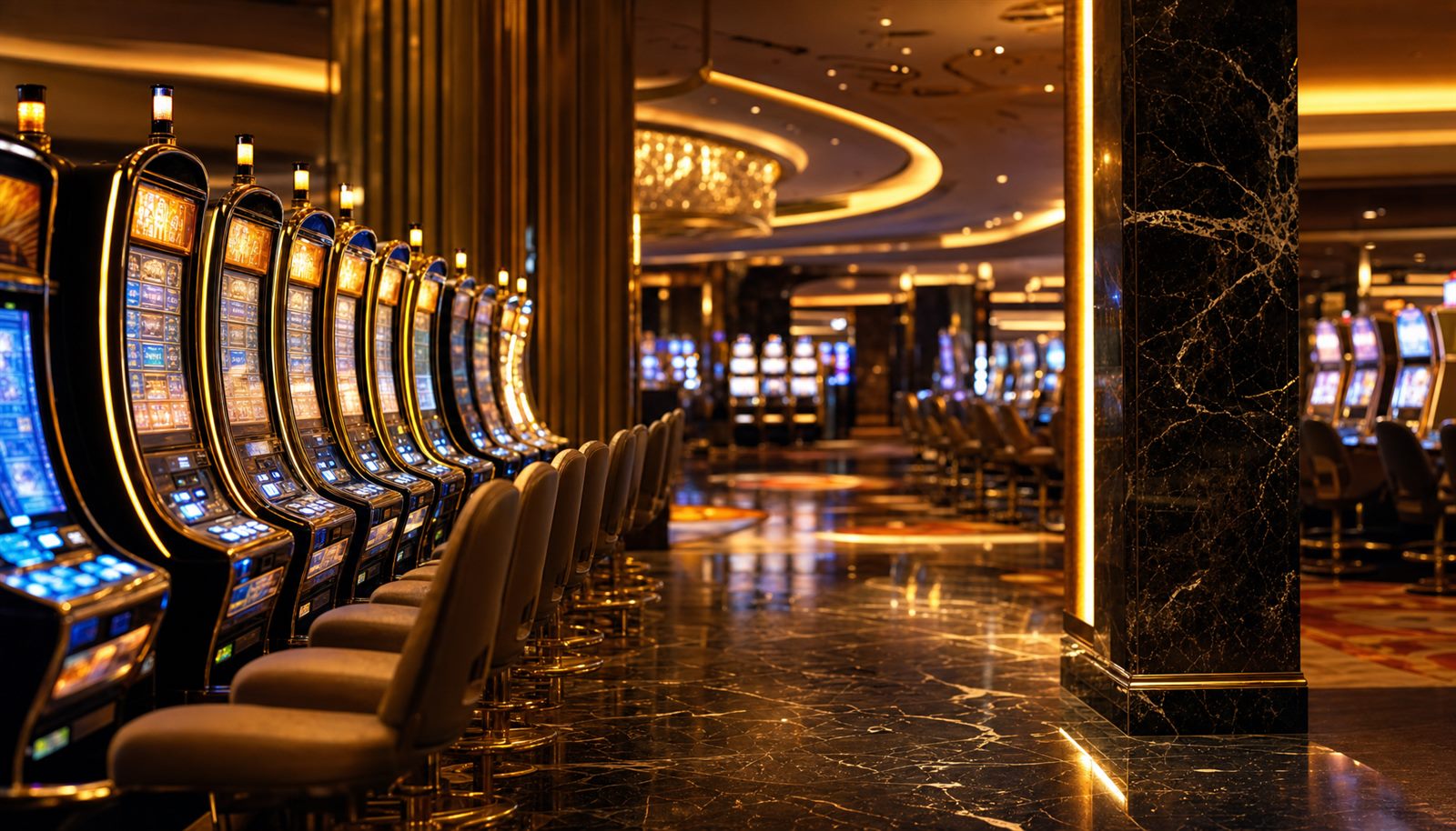 NAGAAIR88 lakefront casino floor lined with modern slot machines at golden hour